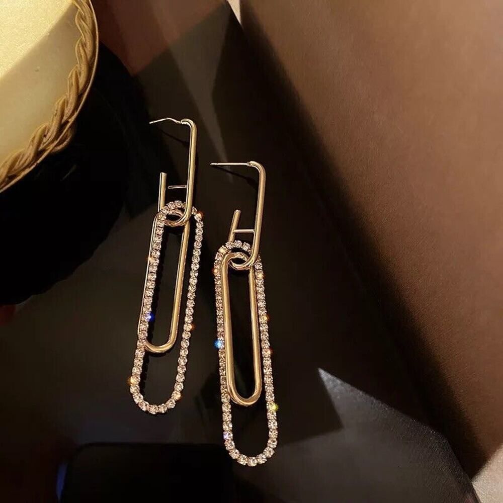 Los Angeles Boutique Dangle Long Rectangle Gold Earrings Rhinestone Crystal NEW - Picture 3 of 8
